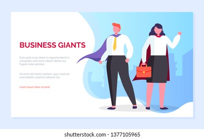 Business giants vector, woman holding briefcase, man wearing heroic gown, people with superpowers, almighty personages, characters team. Website or webpage template, landing page flat style