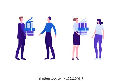 Business gift and marketing concept. Vector flat person illustration set. Male and female businessman and businesswoman hold and give giftbox on white. Design element for banner, web, infographic.