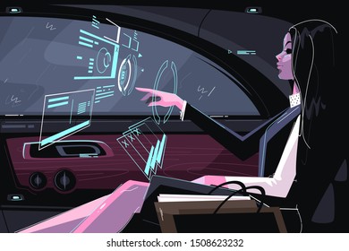 Business girl in car vector illustration. Cute businesswoman sitting in vehicle and working with biz hologram flat style design. Futuristic digital technology concept