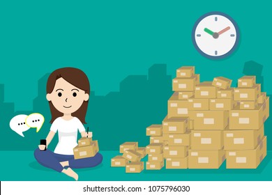 business girl selling online with the heap of packaging boxes