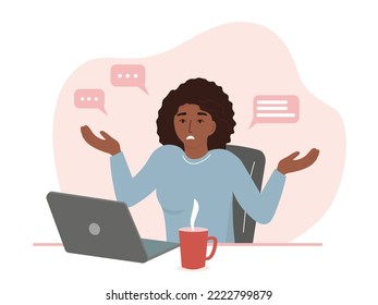 A business girl sits at a laptop, works online, sees a problem. African woman shrugs, doesn't know the answer. Vector graphics.