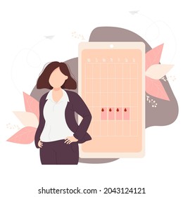 Business Girl In A Suit Looks At The Calendar Of Womens Health And Menstruation On The Phone Screen. Vector Illustration. Concept Womens Health And Programs On The Phone 