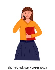 A business girl is talking on the phone and holding a folder with documents in her hands. Vector illustration of an office worker