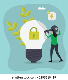 Business girl unlock idea make green world concept, Eco green idea global think concept, Save the planet earth make earth green vector flat illustration