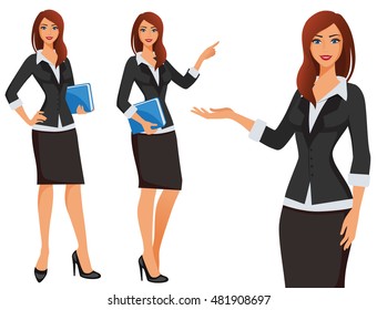 Business Girl. Vektormädchen in Geschäftskostümen. Unterschiedliche Posen einer stehenden Frau. 