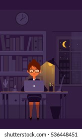 Business girl works at office till night. Vector illustration