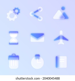 business glass morphism trendy style icon set. transparent glass color vector web icons with blur and purple gradient. for web and ui design, mobile apps and promo business polygraphy