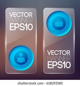 Business glass vertical banners with blue round buttons and icons on blurred background isolated vector illustration