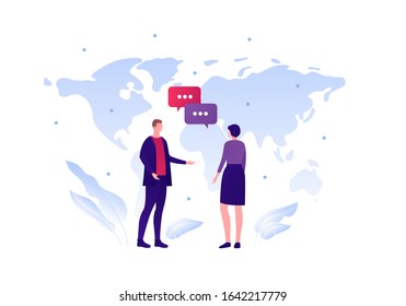 Business global communication concept. Vector flat person illustration. Male in suit talking with female. World map and talk bubble sign. Design element for banner, poster, background.