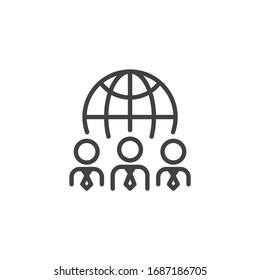 Business Global Communication line icon. linear style sign for mobile concept and web design. Business people and globe outline vector icon. Symbol, logo illustration. Vector graphics