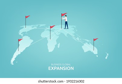 Business global expansion concept with businessman and flags symbol vector illustration.