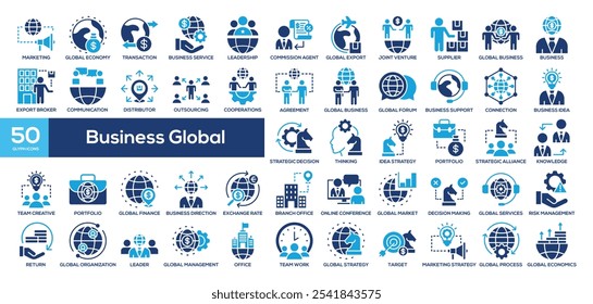 Ícone Global de Negócios. Liderança global, agente de comissão, Joint venture, corretor de exportação, distribuidor, terceirização
