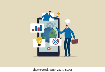 Business global internet connection application technology and digital marketing. Businessman communicating with mobile app on linktech big data. Illustration