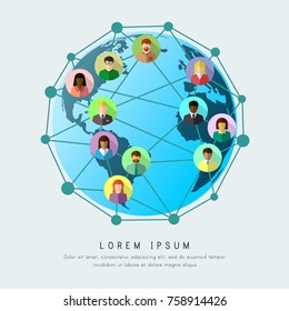Business globalization and worldwide networking concept with connected world. Planet Earth and ethnically diverse people in flat design.
