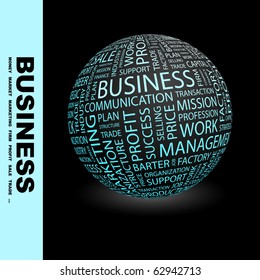 BUSINESS. Globe with different association terms.