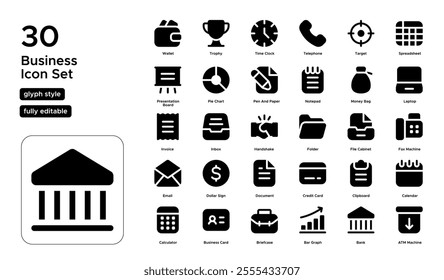 Business Glyph Icon Set: Enterprises, Corporate Structure, and Business Operations Icons