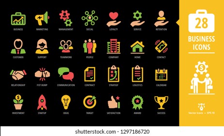 Business glyph icon set on a black background with business, marketing, management, social, loyalty, service, retention, handshake, fist bump and more symbols.
