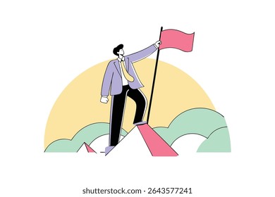 Business Goal Achievement and Career Success Concept Motivated Confident Businessman with Victory Flag on Mountain Peak Illustration