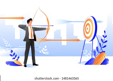 Business goal achievement concept. Vector flat cartoon illustration. Successful businessman aiming target with bow and arrow.