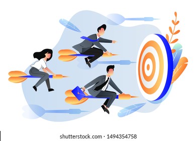 Business goal achievement concept. Vector flat cartoon illustration. Business people fly on darts arrows towards the goal.