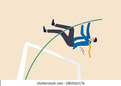 Business goal achievement, success solving business problem or succeed survive on financial crisis concept, successful confident businessman leader jumping pole vault.