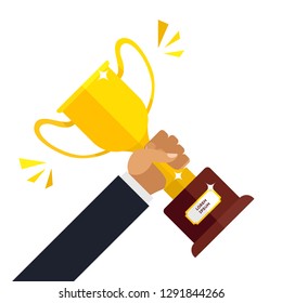 Business goal achievement vector concept, flat style happy successful businessman holding golden cup award in hand, leadership idea, first place prize victory, competition winner