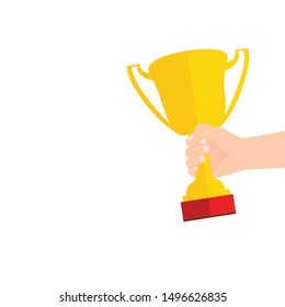 Business goal achievement vector concept, flat style happy successful businessman holding golden cup award in hand, leadership idea, first place prize victory, competition winner
