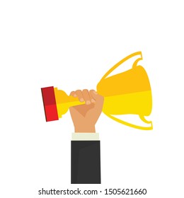 Business goal achievement vector concept, flat style happy successful businessman holding golden cup award in hand, leadership idea, first place prize victory, competition winner