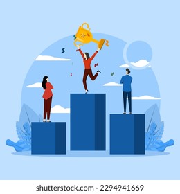 business goal achievement vector concept, winner with gold trophy, first win, number one, joyful people around winner, white background isolated vector illustration.