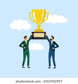 Business goal achievement vector concept, flat style happy successful businessmans holding golden cup award in hand, leadership idea, first place prize victory, competition winner