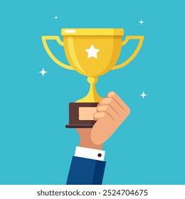 Business goal achievement vector concept, flat style happy successful businessman holding golden cup award in hand, leadership idea, first place prize victory, competition winner