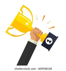 Business goal achievement vector concept, flat style happy successful businessman holding golden cup award in hand, leadership idea, first place prize victory, competition winner