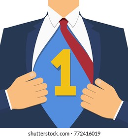 Business goal achievement vector concept. Businessman show us business goal achievement on his chest. Leadership idea, competition winner. Vector, illustration, flat.