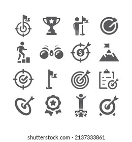 Business goal and achievement vector icon set. Peak, flag, target and arrow filled icons.