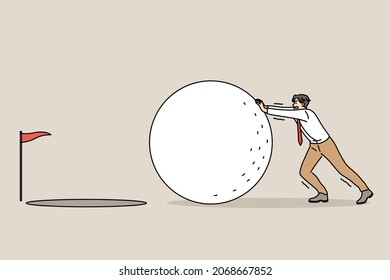 Business goal and achieving concept. Young active businessman cartoon man rolling huge ball to goal with red finish flag vector illustration 