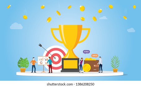 business goal achivement company concept with big golden trophy and team people with money and graph chart - vector illustration