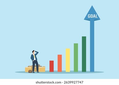 Business goal. Businessman Analyzing Growing Chart with Goal Arrow in Bright Blue Background for Success, Planning, and Strategy Concept.