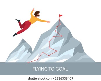 Business goal. Businessman flying to the big mountain visualization of line road. vector concept