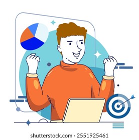 Business goal celebrating. Celebrating success and victory. Concept of win, achievement and luck. Winners rejoicing their triumph. Modern flat design illustration