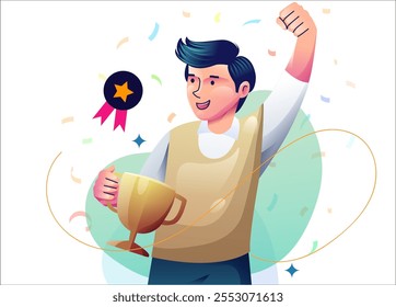 Business goal celebrating. Celebrating success and victory. Concept of win, achievement and luck. Winners rejoicing their triumph. Modern flat design illustration.