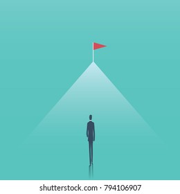 Business goal and challenge vector concept. Businessman walking towards top of the mountain. Symbol of aspiration, future, progress, achievement, motivation. Eps10 vector illustration.