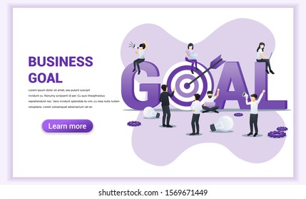 Business goal concept design. People work, sit and stand near the big GOAL symbol. Target with an arrow, reach the target, goal achievement. Flat vector illustration