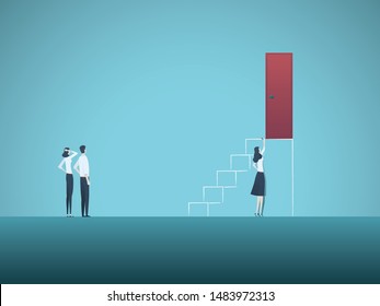 Business goal and creative solution vector concept with team and businesswoman drawing stairs. Symbol of achievement, success, motivation and ambition. Eps10 illustration.