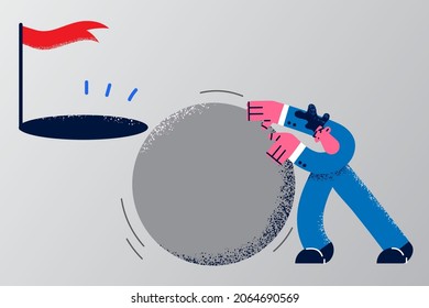 Business goal and determination concept. Young confident businessman cartoon character pulling huge ball to hole with finish red flag vector illustration 