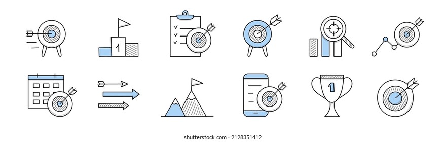 Business goal doodle icons dart target with arrow, pedestal and flag, to-do list with ticks, chart, glass with aim, calendar or schedule, mountain top, trophy cup, mobile, Line art vector illustration