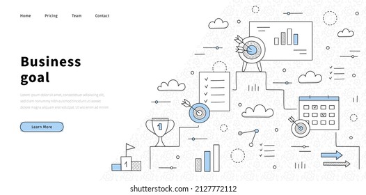 Business goal doodle landing page, concept of achievement, success and leadership. Pedestal with target and arrow, flag, to-do list , chart, calendar, schedule and cup, Line art vector web banner