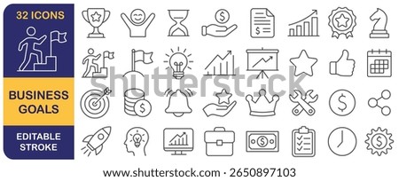 Business goal editable stroke line vector web icon set. Business strategy success goals thin linear Icons collection. Including process, target, aim, focus, human resource, winner, action plan. 