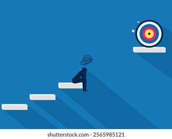 Business goal failed. Businessman sad about the gap between the stairs and the goal