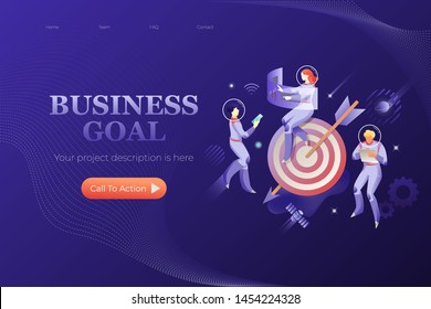 Business goal header template. Vector metaphor of business goal achievement and success. Astronauts in spacesuits and target with arrow.