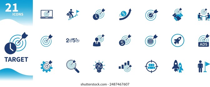 Business goal icon. Set of icons for goals, plans, success, growth, arrow, rocket. Solid vector icons collection